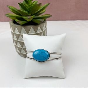 Blue Turquoise Oval Silver Bangle Bracelet Women Jewelry